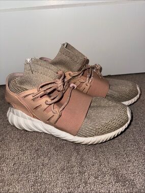 adidas tubular doom Beige Knit High-Top Sneakers with Blush Pink Strap